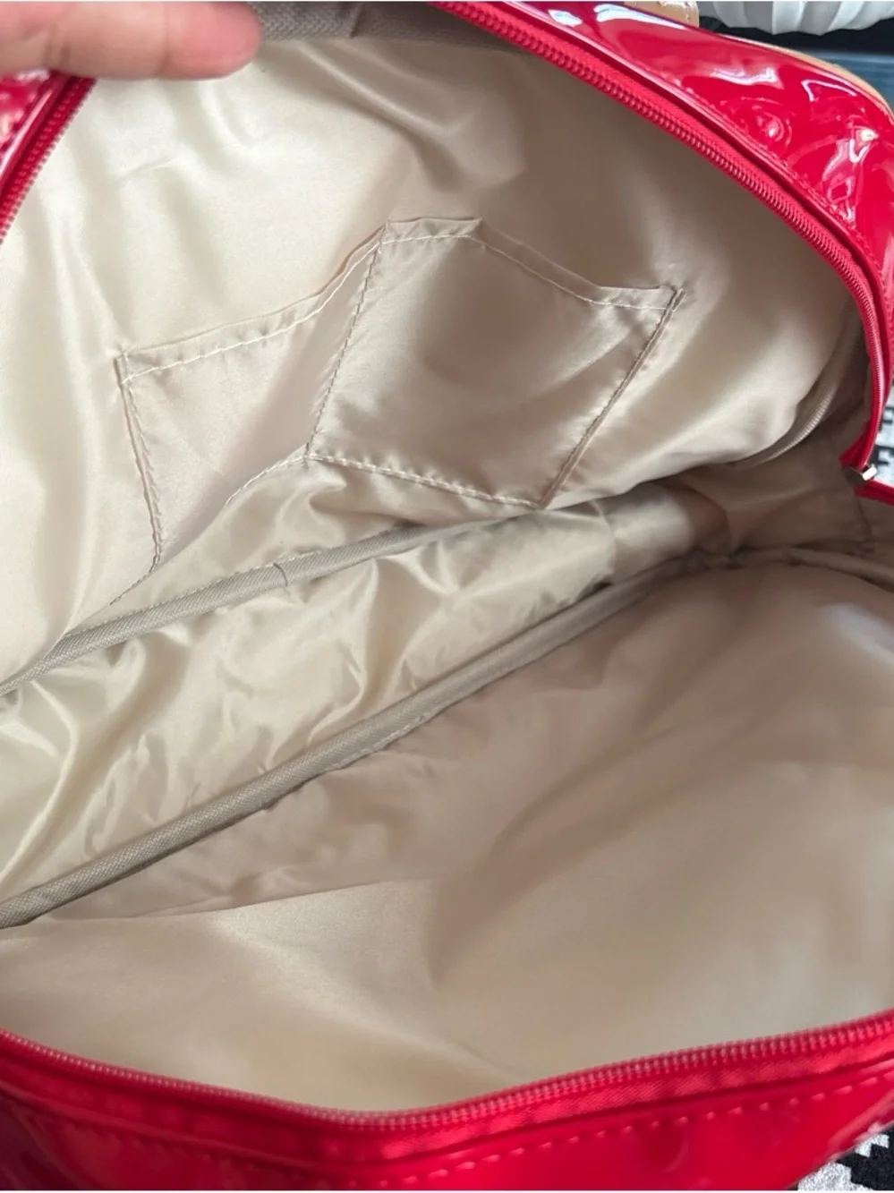 Red Patent Cosmetic Bag with Tan Handles